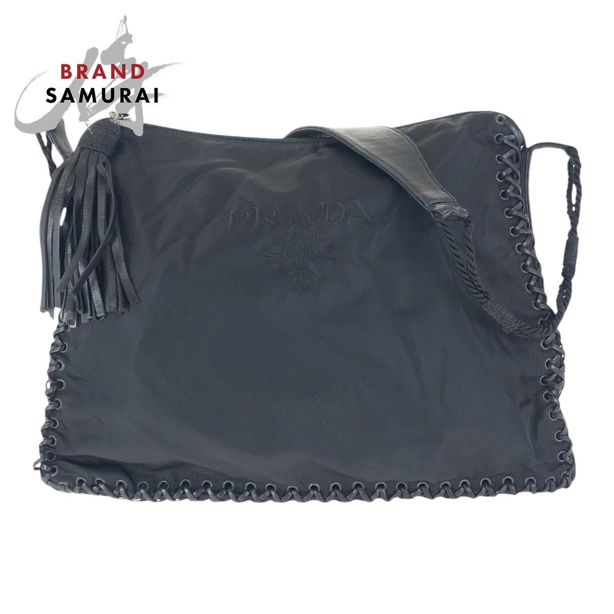 PRADA Black Nylon Leather Crossbody Shoulder Bag with Fringe for Women 501642 US