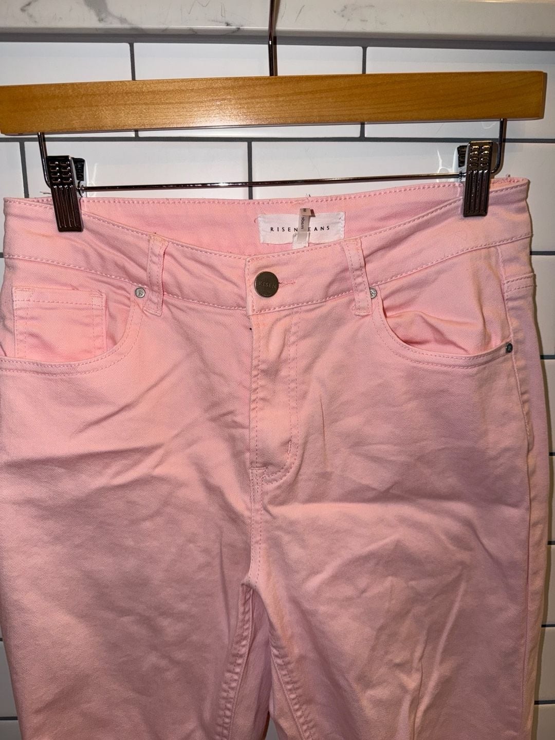 Risen Jeans High-Rise Distressed Pink Cropped Flare Jeans size, photo 5