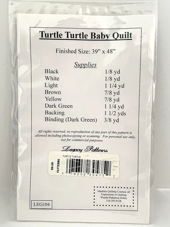 Legacy Patterns Turtle Turtle Pieced/Applique Baby Quilt Pattern Size 39x48 - Image 2 of 2