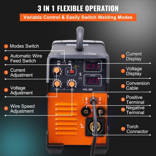 Uimoso Máquina de Soldadura 3 en 1 Inversor MIG-250 MIG MMA LIFT TIG 250 A - Afbeelding 5 van 12