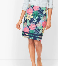 Talbots Cotton Canvas A-Line Skirt Tropical Hibiscus Print Beach Coastal Sz 12