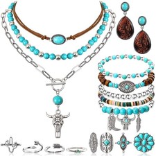 18 Pcs Western Turquoise Jewelry Sets for Women with Boho Necklace, Oval