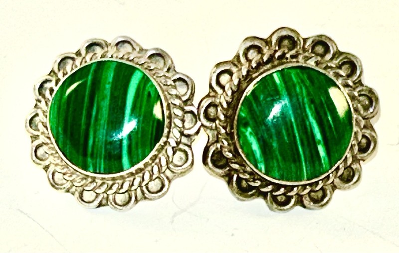 Vintage Taxco Mexico Malachite Earring Sterling Silver Screw Back