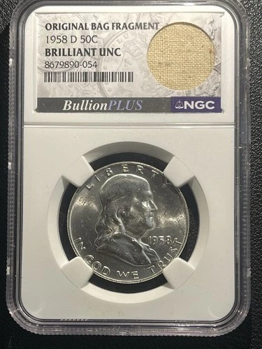 1958-D Franklin Silver Half Dollar NGC Brilliant Unc Bag Frag Label