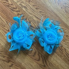 Lot 2 Blue Feather Mesh Flower Fascinator Hair Clips, Beaded Wedding Formal