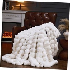 Faux Fur Throw Blanket for Couch, Fluffy Fuzzy Plush Bubble 60x50inch Beige