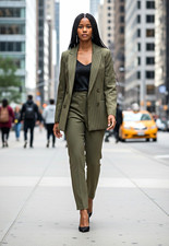Tahari ASL Olive/Ivory Pinstripe Double-Breasted Blazer Jacket, Size 8, 3AM672