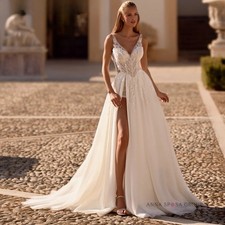 Bohemian Arabic Aso Ebi A Line Wedding Dress V Neck High Slit Lace Bridal Gowns