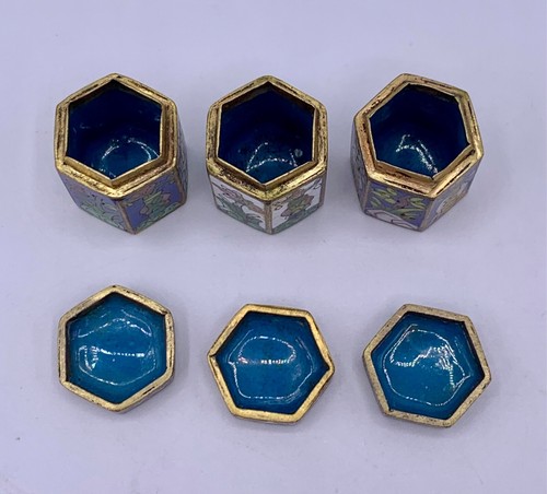 VINTAGE CHINA CHINESE CLOISONNE ENAMEL COOPER SET OF 3 TRINKET SNUFF PILL BOXES - Picture 4 of 12