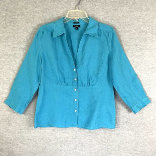 Talbots 14 Pure Irish Linen Button Up Top Blouse Turquoise 3/4 Sleeve V-neck - Picture 2 of 12