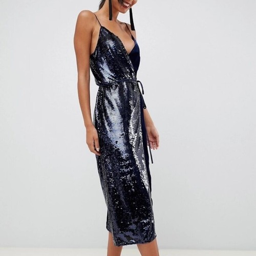 ASOS Womens Wrap Dress Velvet Sequin Midi Blue Size 16 Cocktail Whimsigoth Fairy - Picture 14 of 14