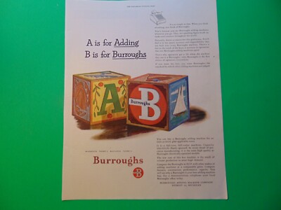1949 BURROUGHS ADDING MACHINES Child's Blocks A..B.. vintage art print ad