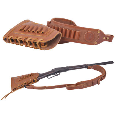 Set of Leather Buttstock with Rifle Ammo Holder Sling For 30-06, 45-70 ,308 .44
