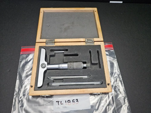 VINTAGE MITUTOYO 0-4" 4" BASE DEPTH MICROMETER JAPAN W/WOOD CASE (TL1853)