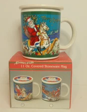 Artmark Stoneware Covered Mug Christmas Greetings Santa Claus w/ Lid 1994 11oz