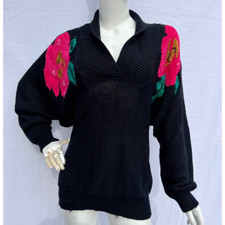 80  s Black Knit Sweater with Pink Flower Shoulders