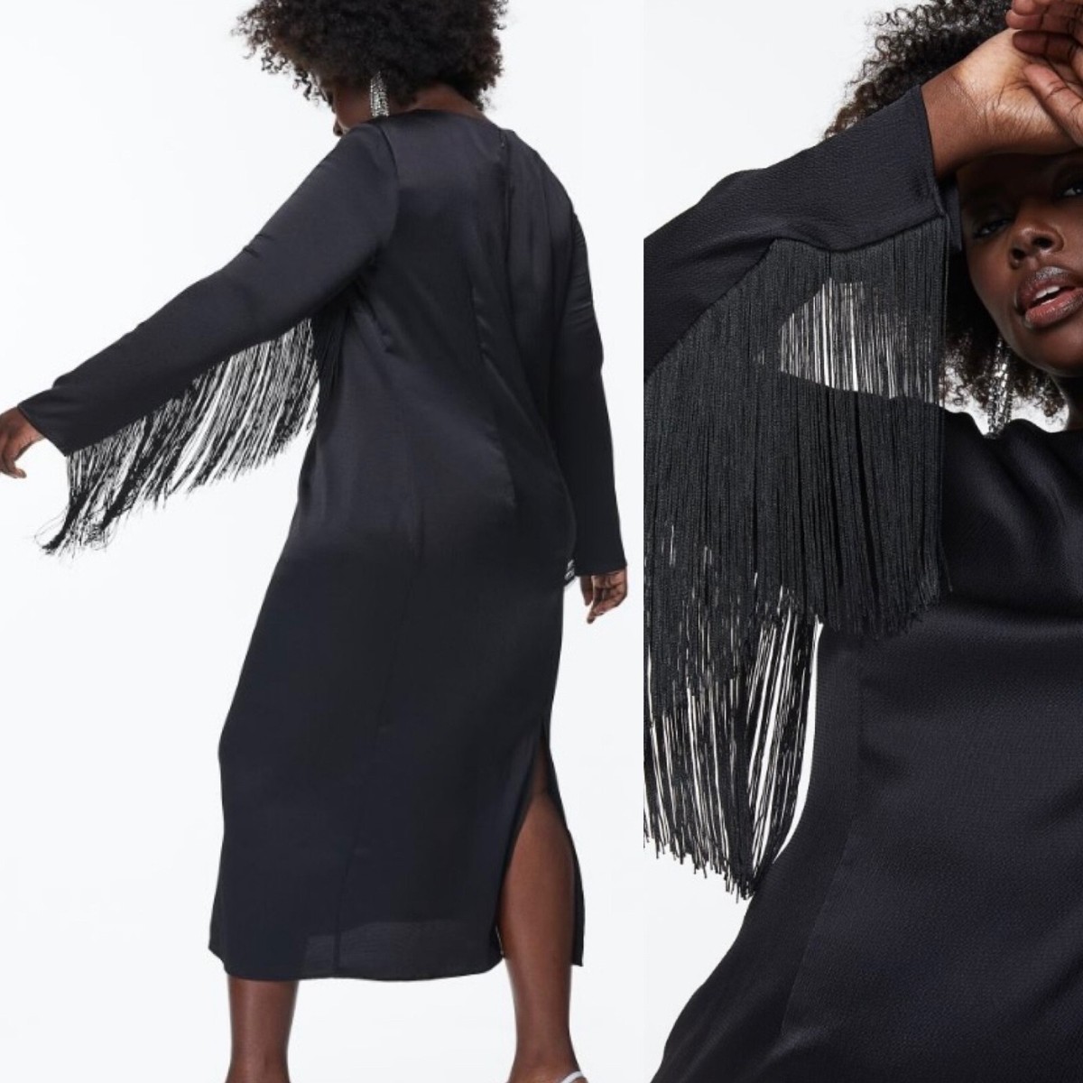 H&M Fringe-Sleeve XS Dress SOLD OUT Black NWT Midi Satin "Dramatic"  "Fabulous"