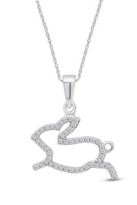 Authentic 1/6 CT Natural Diamond Bunny Rabbit Pendant Necklace in 14K White Gold Plated