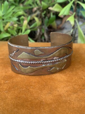 VINTAGE COPPER And Brass CUFF BRACELET Hammered Modernist DESIGN 62 Grams E16