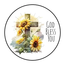 30 GOD BLESS YOU ENVELOPE SEALS STICKERS LABELS TAGS 1.5" ROUND SUNFLOWERS CROSS
