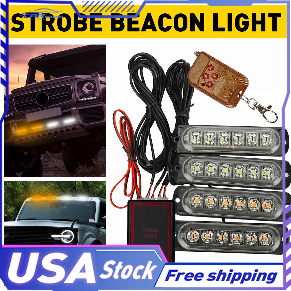 4X 6LED Amber/White Car Truck Warning Beacon Hazard Light Strobe US 12V