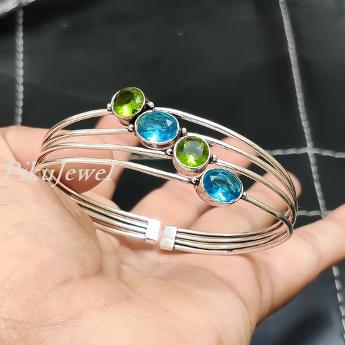Facettierter Peridot & Blautopas Edelstein 925 Sterling Silber Armreif Mansch... - Bild 7 von 7