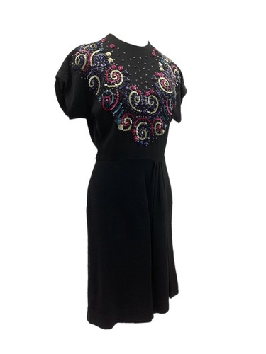 Vtg Vintage 1940s 40s Multi Color Sequin Side Zip Crepe LBD Black Dress - Picture 3 of 5
