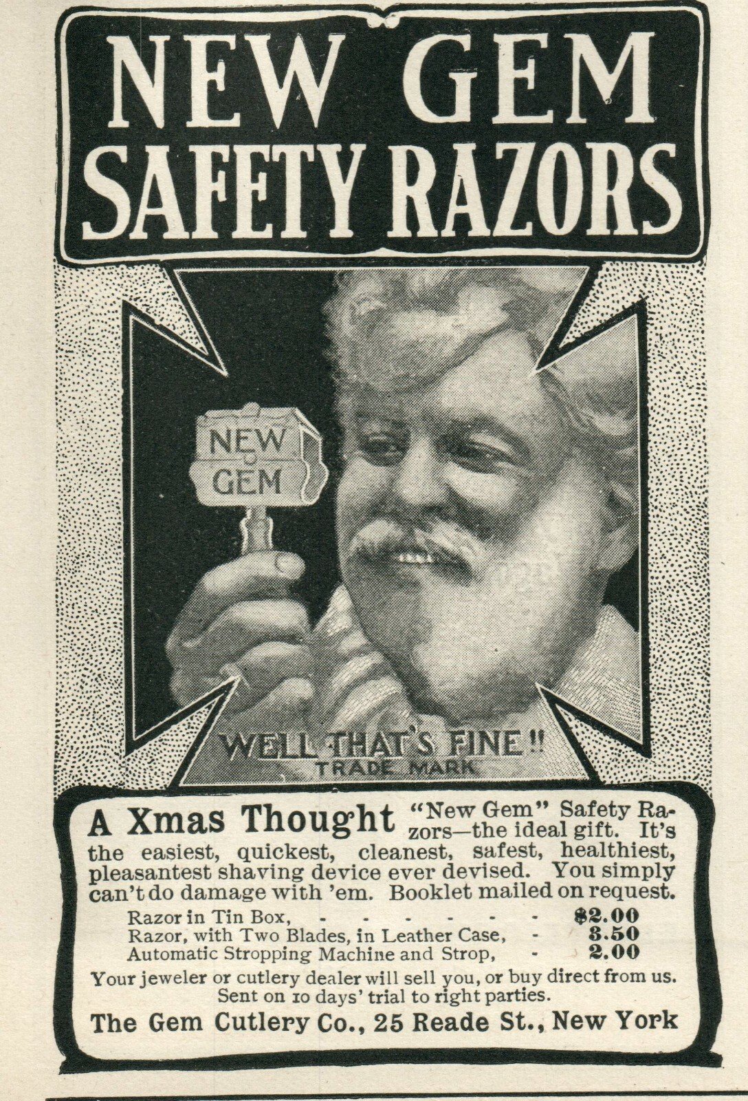 1903 CHRISTMAS SAFETY RAZOR Gem Cutlery Co. Original Print