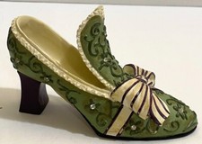 VICTORIAN HIGH HEEL SHOE, GREEN  CREAM WITH RHINESTONES, 3"HIGH, 4.75" LONG