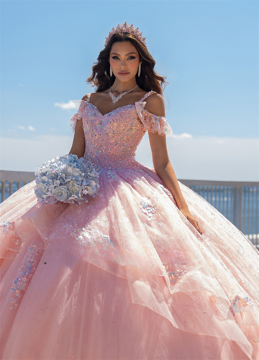 chinese dress ladies Tulle Quinceanera Dresses Ball Gown Flowers Off The Shoulder – Lisposa