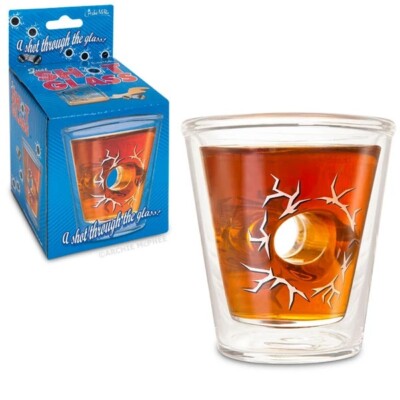 Novelty Shotglass - Just Shot Glass looks like it has a hole shot through NEW !