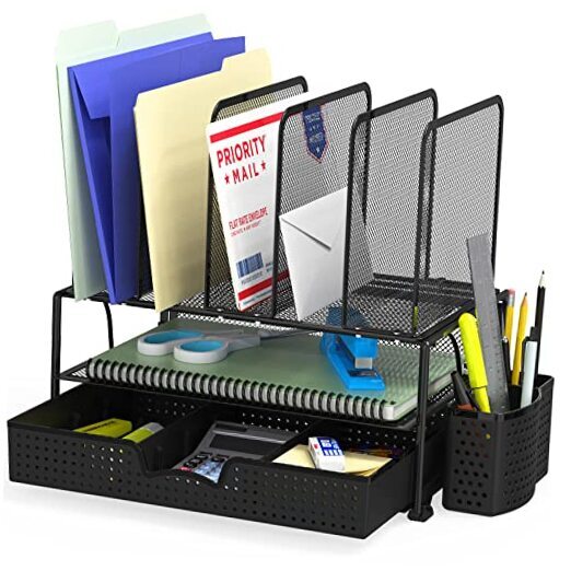 Simple Houseware Mesh Desk Organizer with Sliding Drawer, Double Tray and Black