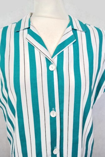 Vintage Turquoise Striped White Collared Button Up Short Sleeves Shirt Size 16 - Picture 9 of 12