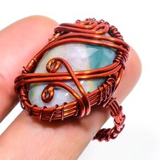 Moss Agate Gemstone Copper Ring Handcrafted Wire Wrap Very Pretty Jewelry 8" q53