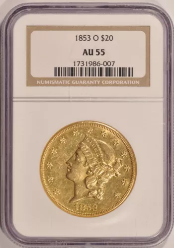 1853-O $20 Liberty Gold Double Eagle Coin NGC AU55 New Orleans Mint Pre-33 Gold