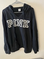 PINK Victoria Secret Pullover Hoodie Women's Size XL Black V Neck Color Graphic