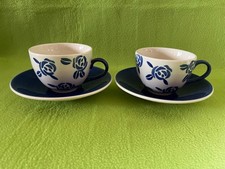2  Cups and Saucers  Whittard  Tea Clipper  Blue  and White  Roses  Good Conditi