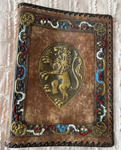 Vtg. Hand Tooled Painted LEATHER Book Cover Laced Edges Journal 9.75”x 7.25”