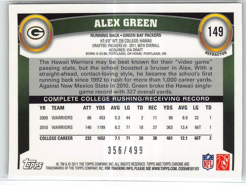 Topps 2011 cromo NFL refractor púrpura #149 Alex verde RC/499 - Imagen 2 de 2