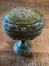 Vintage Rue Moliere Green Jeweled Enameled Egg Shaped Music Box, Swan Lake