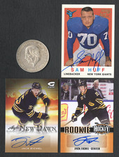 1956 5 Peso Silver 1997 Topps Sam Huff Auto 2016 Jack Eichel RC Autographs