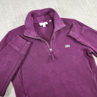 Lacoste Sweater Women Medium Purple 1/4 Zip Ribbed Knit Cotton Preppy Academia