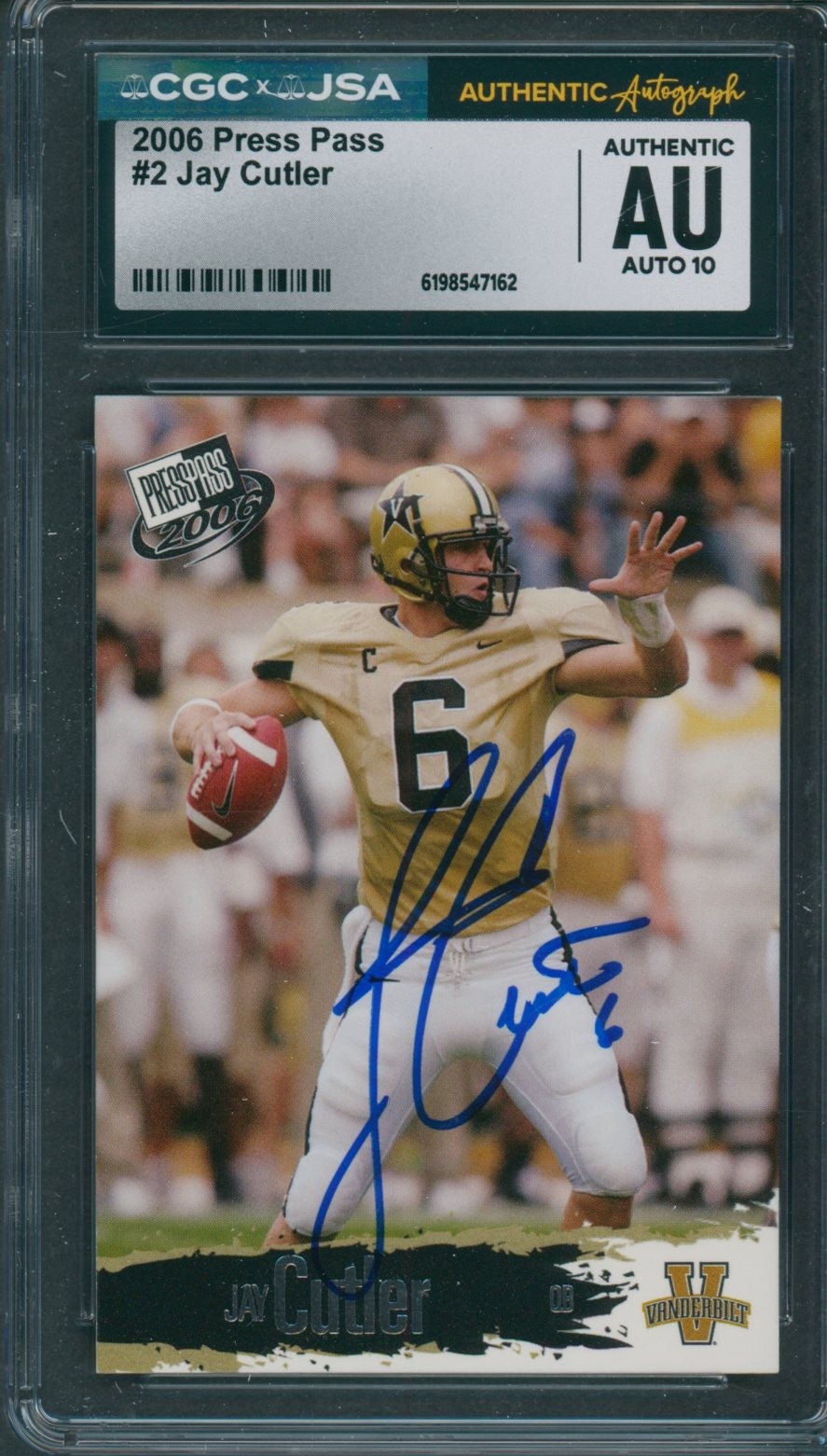 2006 Press Pass #2 Jay Cutler CGC JSA Authentic Signed Auto 10 *7162