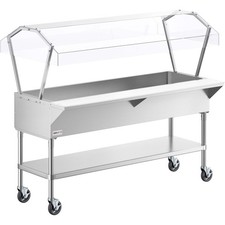 Stainless 5 Pan Ice-Cooled Food Table with 2-Sided Sneeze Guard and 5" Casters