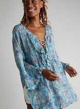 NWT FREE PEOPLE FP ONE NISHA TUNIC DRESS XS BOHO COTTON GAUZE RUFFLES BLUE
