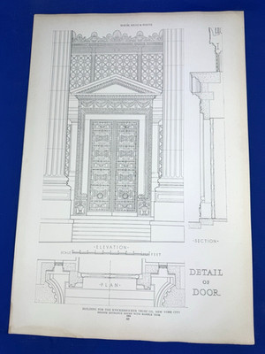 1925 Architectural Print - Knickerbocker Trust Co NYC, Bronze Doors, Marble Trim