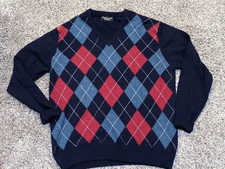 Hawick Knitwear Sweater Men L Argyle 100% Lambswool V-Neck Pullover Jumper