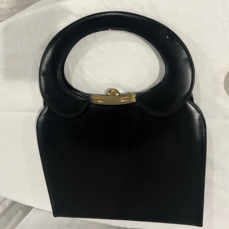 Vintage 60s Mod Black Leather Structured Purse Brass Kiss Lock VTG 13.5 Tall - Image 3 of 4