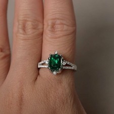 14K White Gold Plated 2Ct Emerald Cut Lab Created Emerald Women Wedding Ring