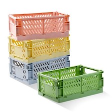 4 Pack Pastel Crates for Storage, Plastic Folding Basket, Colorful Small Stor...